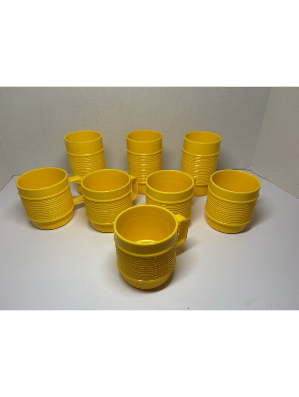 Lot 9 Rubbermaid #3819 3826 Yellow Ribbed 3.5"4.75" Cups Mugs Stackable Vintage